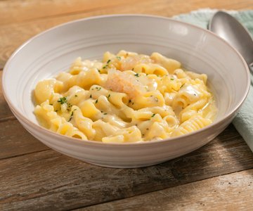 Pasta potatoes and scampi