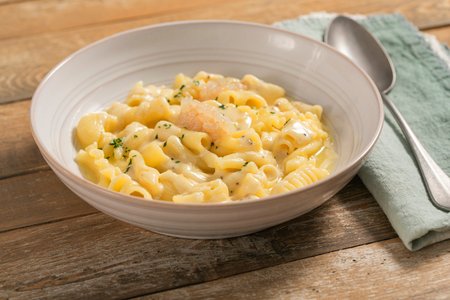 Pasta potatoes and scampi