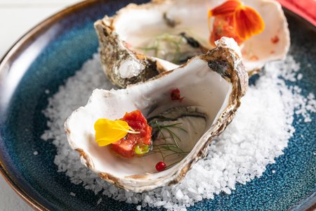 Tomato tartare in two textures with oyster gelée
