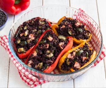 Stuffed Peppers with Black Rice, Salmon, and Zucchini