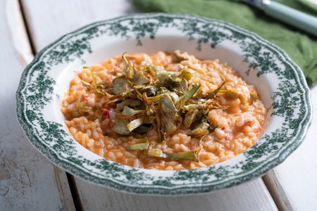 Risotto with shrimp, quick bisque, and fried artichokes