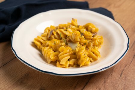 Giant Fusilli with Pumpkin Cream, Salted Cod, and Olives