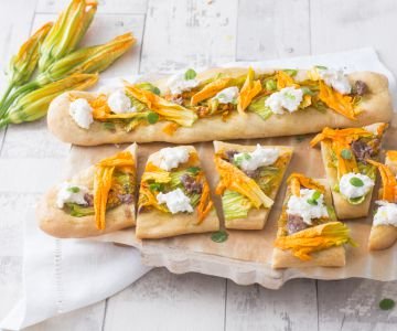 Focaccia with Anchovies, Zucchini Flowers, and Burrata