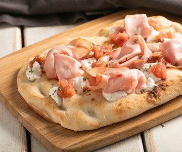 Pinsa with Mortadella and Burrata