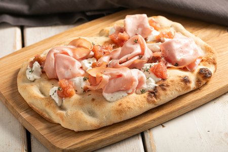 Pinsa with Mortadella and Burrata