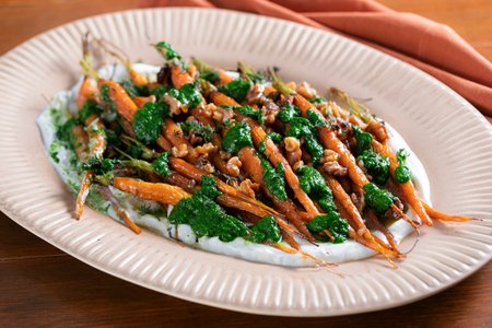 Roasted Carrots with Honey, Goat Cheese and Green Sauce