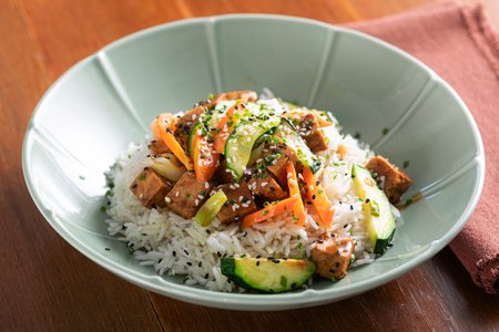 Basmati rice with soy-marinated tofu and stir-fried vegetables