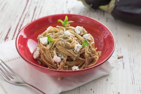 Whole-wheat spaghetti with roasted eggplant and mint