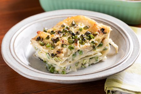 Vegan lasagna with asparagus and peas