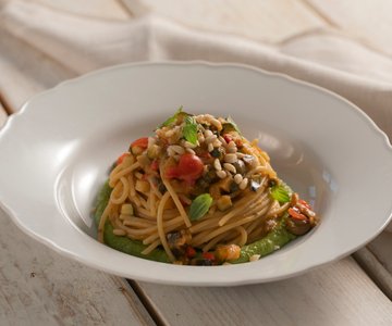 Spaghetti with summer caponata