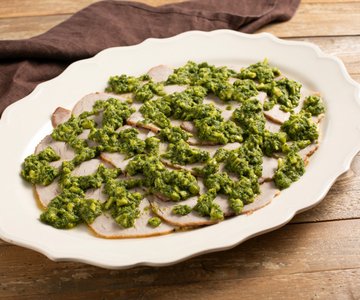 Chilled pork loin roast with zucchini sauce
