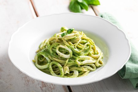 Pasta with pesto and squid